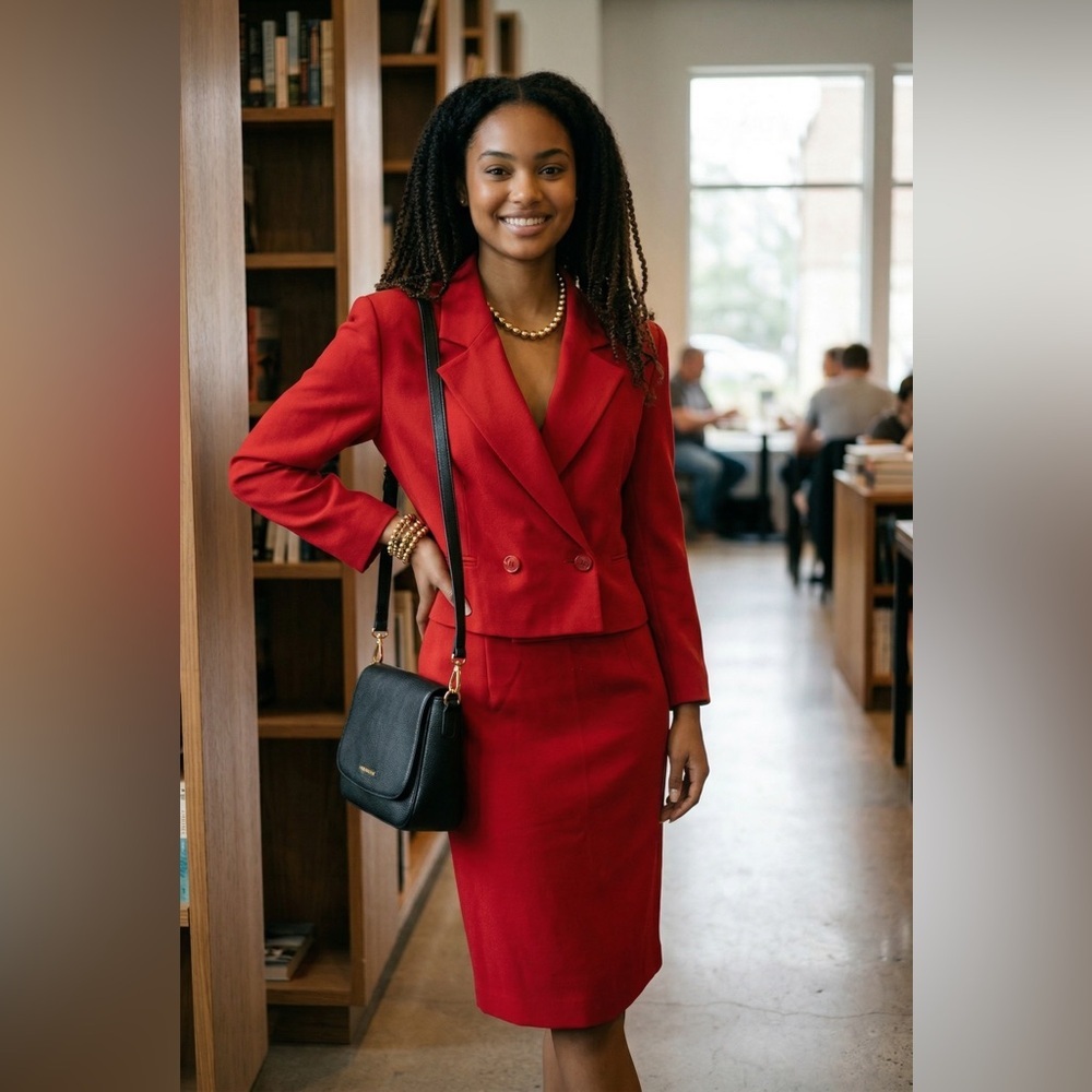 Cropped Double-Breasted Red Blazer and Skirt Set☑️